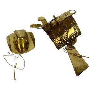 Vintage India Exotics Brass Cowboy Hat & Saddle Christmas Ornaments Hand Made